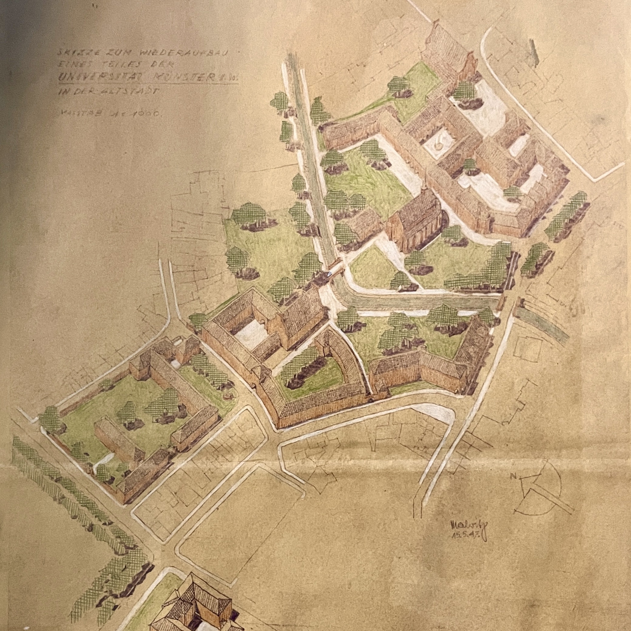 Hans Malwitz: Skizze zum Wiederaufbau eines Teiles der Universität Münster in der Altstadt, 1947